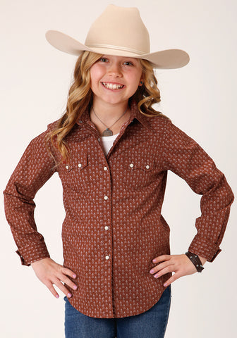 Roper Girls Kids Brown 100% Cotton Arrow Geo L/S Shirt M