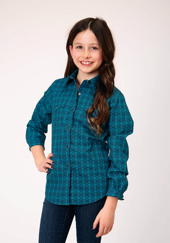 Roper Girls Tiles Print Green 100% Cotton L/S Shirt