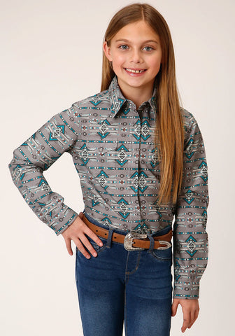 Roper Kids Girls Geometric Aztec Grey 100% Cotton L/S Shirt