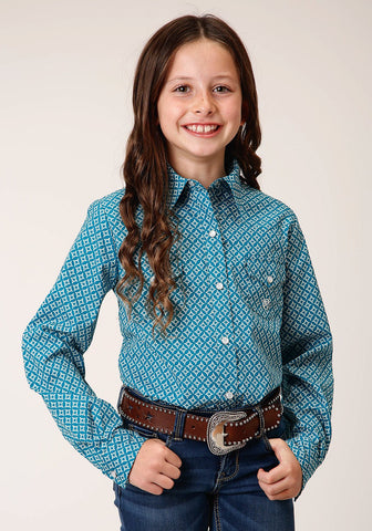 Roper Kids Girls Diamond Print Turquoise Cotton Blend L/S Shirt