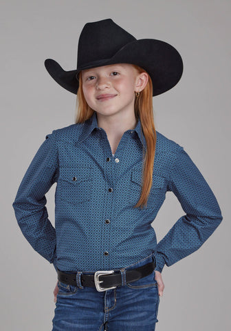 Roper Youth Girls 2163 Stretch Diamond Blue Cotton Blend L/S Shirt