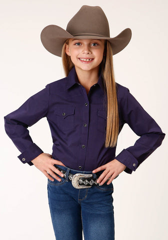 Roper Girls Kids Purple 100% Cotton Black Fill L/S Shirt XS