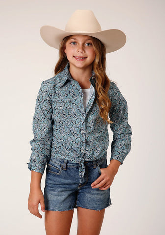 Roper Kids Girls Peacock Paisley Blue 100% Cotton L/S Shirt