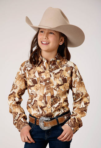 Roper Girls Collage Western Brown 100% Rayon L/S Shirt