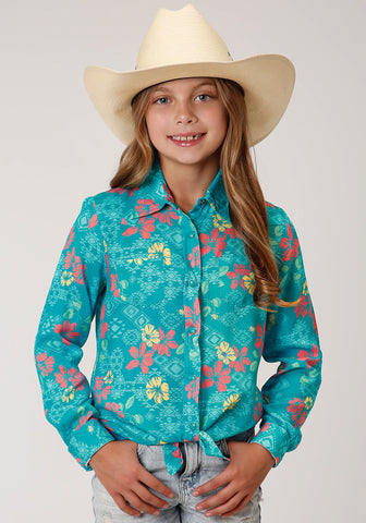 Roper Kids Girls 1608 Tropical Aztec Turquoise 100% Rayon L/S Shirt