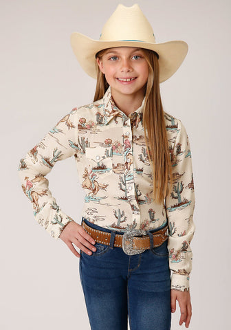 Roper Kids Girls Retro Rodeo White 100% Rayon L/S Shirt