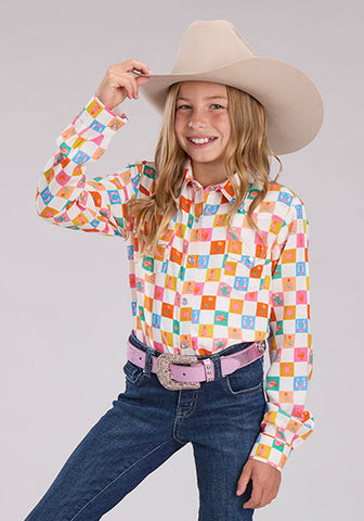 Roper Kids Girls 2526 Checkers Print Multi-Color 100% Rayon L/S Shirt