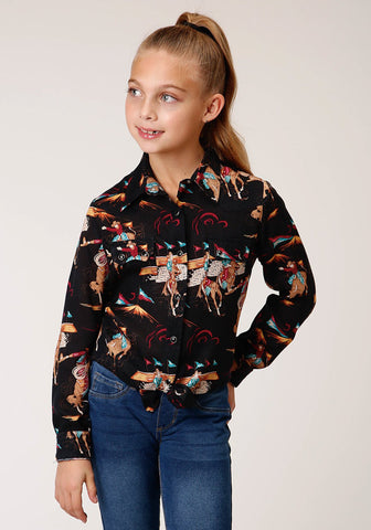 Roper Girls Kids Black Rayon/Nylon Retro Rodeo L/S Blouse