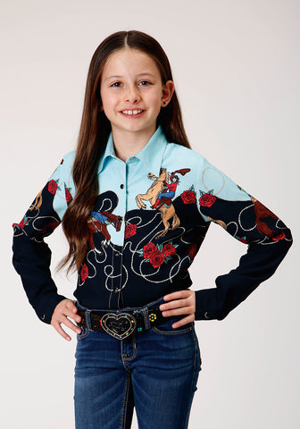 Roper Girls Cowgirl Border Black 100% Rayon L/S Shirt