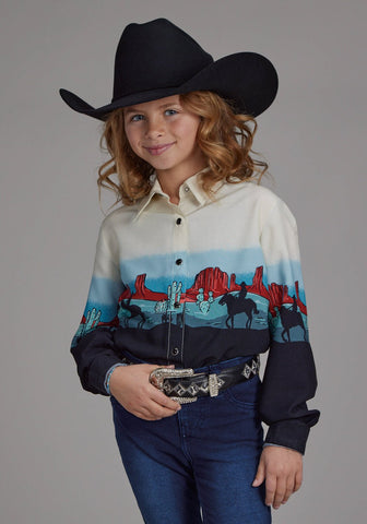Roper Kids Girls 2202 Western Border Black 100% Rayon L/S Shirt