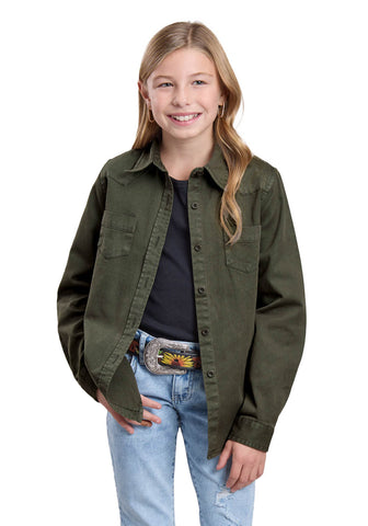 Roper Kids Girls 2631 Pigment Dyed Olive 100% Cotton L/S Shirt