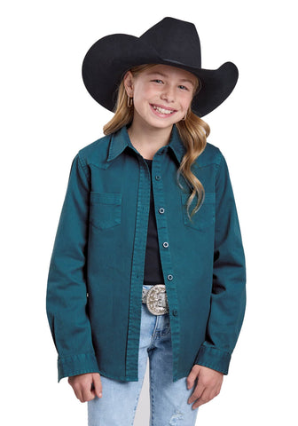Roper Kids Girls 2631 Pigment Dyed Teal 100% Cotton L/S Shirt