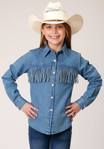 Roper Kids Girls Medium Denim Blue 100% Cotton L/S Shirt