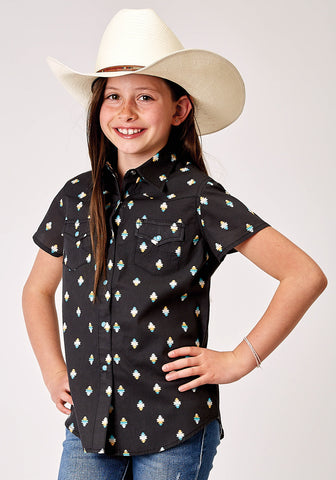 Roper Kids Girls 1897 Ombre Aztec Black 100% Cotton S/L Shirt