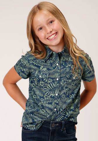 Roper Kids Girls Lucky Tropical Print Green 100% Cotton S/S Shirt