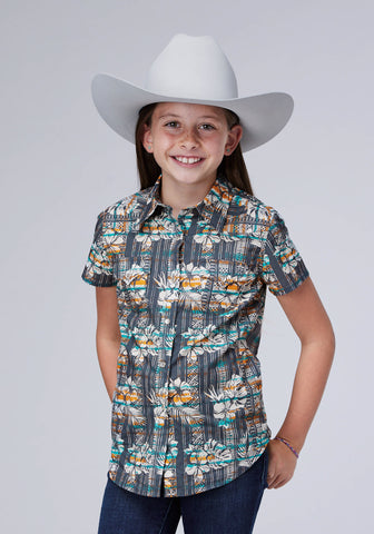 Roper Kids Girls 2002 Distressed Tropical Grey 100% Cotton S/L Shirt