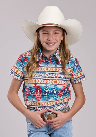Roper Kids Girls Horizontal Aztec Blanket Stripe Multi 100% Cotton S/S Shirt