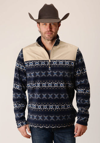 Roper Mens Aztec Micro Navy Polyester Fleece Jacket