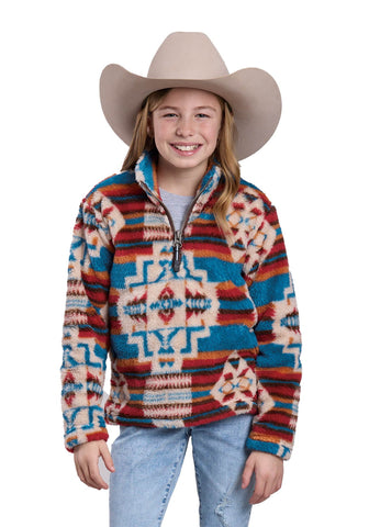 Roper Kids Girls Large Aztec Polar Grey/Blue 100% Polyester Fleece Jacket