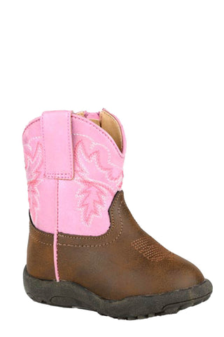 Roper Infant Girls Cowbabies Gretchen Pink/Brown Faux Leather Cowboy Boots