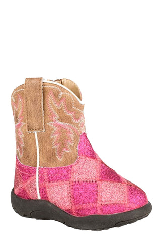 Roper Infant Girls Cowbabies Glitter Blocks Pink/Tan Faux Leather Cowboy Boots