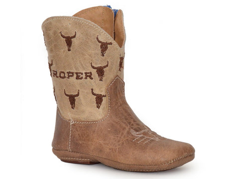 Roper Infant Boys Cowbabies Steer Head Brown Leather Cowboy Boots
