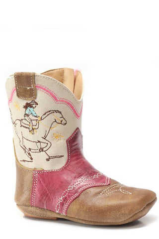Roper Infant Girls Cowbabies Runner Brown/Pink Leather Cowboy Boots
