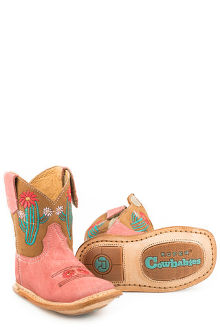 Roper Infant Girls Cowbabies Cactus Tan/Pink Leather Cowboy Boots