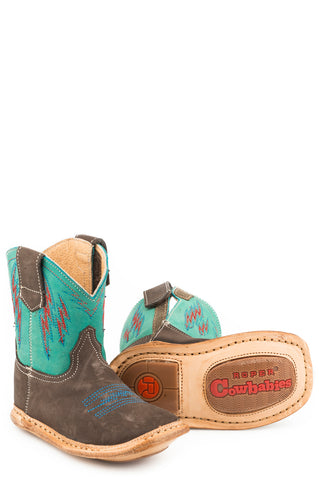 Roper Infant Boys Cowbabies Lightning Brown/Turquoise Leather Cowboy Boots