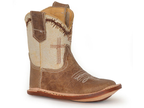 Roper Infant Boys Cowbabies Cross Tan/Brown Leather Cowboy Boots