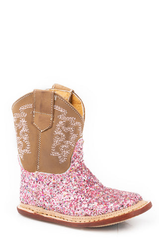 Roper Girls Cowbabies Glitter Queen Pink Leather Cowboy Boots