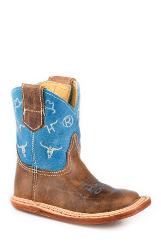 Roper Infant Boys Cowbabies Brands Blue/Brown Leather Cowboy Boots