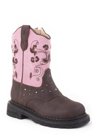 Roper Infant Girls Saddle Light Brown Faux Leather Cowboy Boots