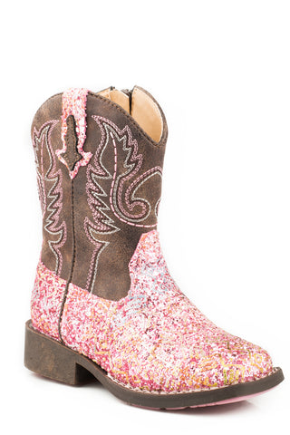 Roper Toddler Girls Glitter Aztec Pink Faux Leather Cowboy Boots