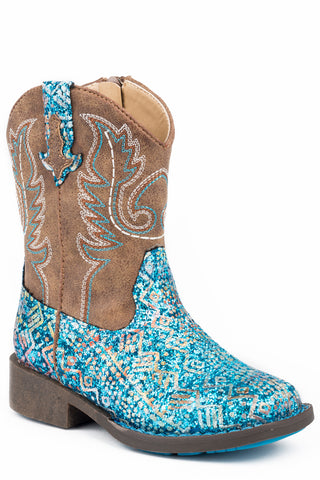 Roper Toddler Girls Glitter Aztec Blue Faux Leather Cowboy Boots