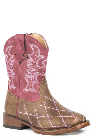 Roper Toddler Girls Cross Cut Brown/Raspberry Faux Leather Cowboy Boots