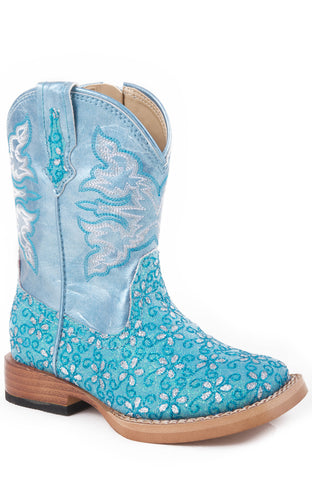Roper Infant Girls Glitter Flower Turquoise Faux Leather Cowboy Boots