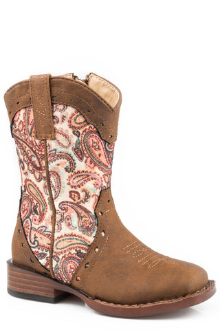 Roper Toddler Girls Glitter Geo Pink/Tan Faux Leather Cowboy Boots