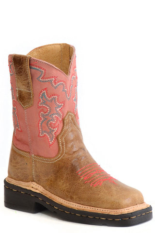 Roper Girls Toddlers Tan/Pink Leather Parker Cowboy Boots 7
