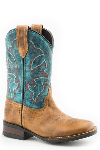 Roper Kids Unisex Monterey Tan/Blue Leather Cowboy Boots