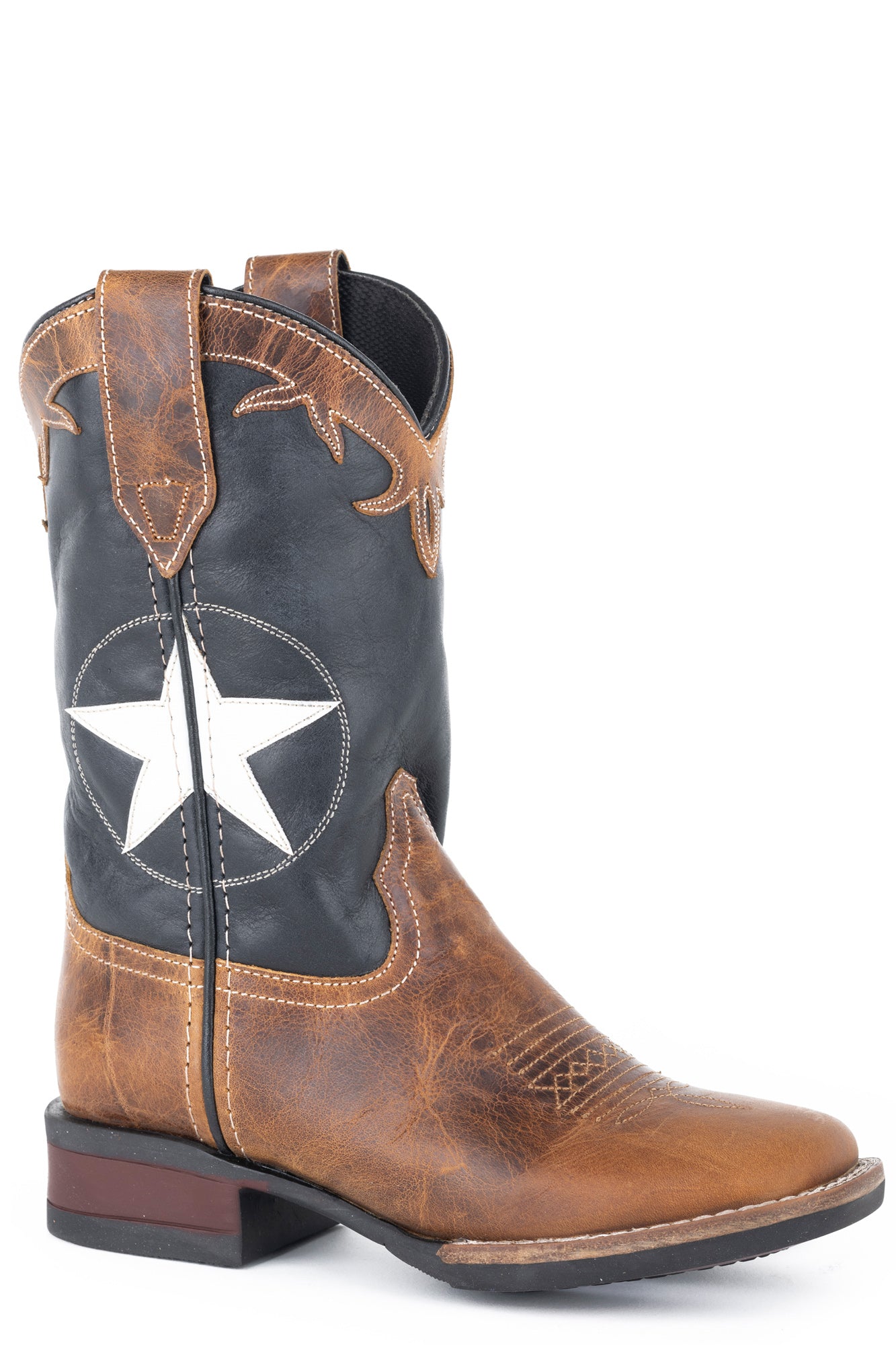 Roper Kids Boys Navy/Tan Leather Monterey Star Cowboy Boots โ The