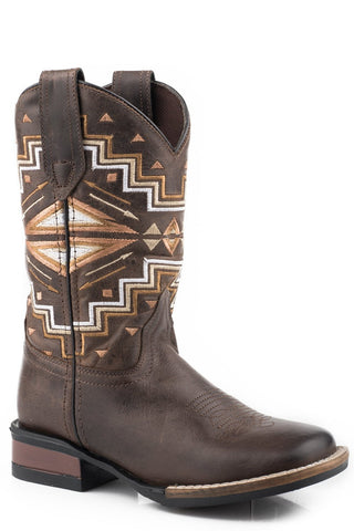 Roper Kids Boys Brown Leather Monterey Aztec 9In Cowboy Boots 11