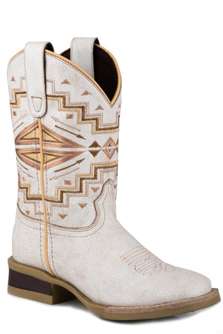 Roper Kids Girls Monterey Aztec White Leather Cowboy Boots