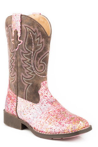 Roper Kids Girls Glitter Aztec Pink Faux Leather Cowboy Boots