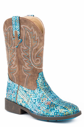Roper Kids Girls Glitter Aztec Blue Faux Leather Cowboy Boots