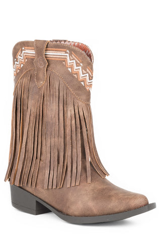 Roper Kids Girls Fringes Brown Faux Leather Cowboy Boots