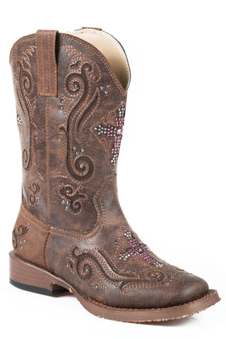 Roper Kids Girls Faith Brown Faux Leather Cowboy Boots