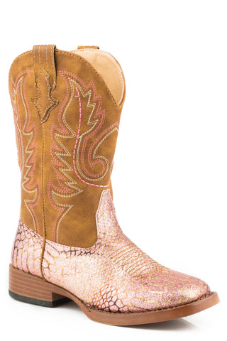 Roper Glitz Kids Pink Faux Leather Gator Print Glitter Boots