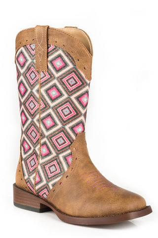 Roper Kids Girls Glitter Geo Tan/Pink Faux Leather Cowboy Boots