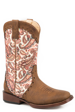 Roper Kids Girls Glitter Geo Brown/Pink Faux Leather Paisley Cowboy Boots
